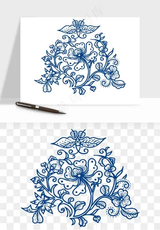 青花瓷花纹花卉图案png免抠