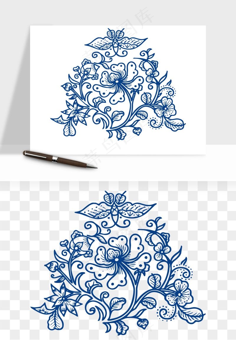 青花瓷花纹花卉图案png免抠
