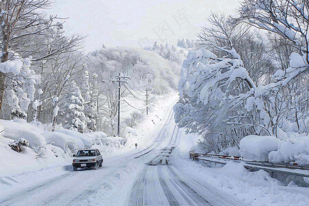 冬天雪山山区公路行驶的汽车白雪覆盖寒冷摄影图