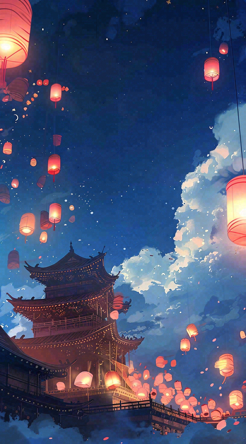 夜晚点灯孔明灯祈福中元节寒衣节插画背景