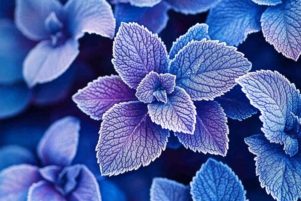 植物叶片上的白霜霜降摄影图