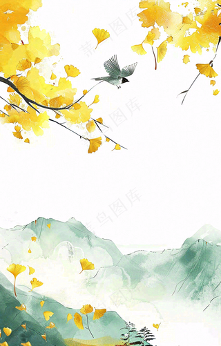 秋天银杏叶鸟儿中国风水彩国画立秋白露秋分插画背景