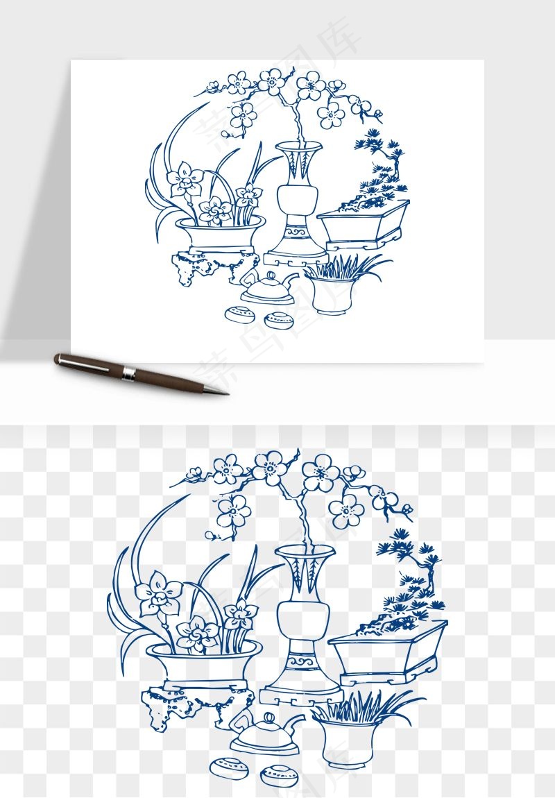 青花瓷花纹花卉图案png免抠