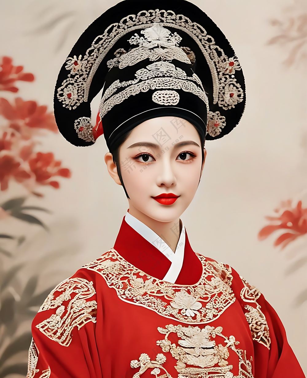 京剧状元女_红色汉服_黑色状元帽子_写实