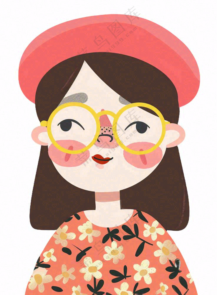 戴眼镜的可爱女孩精致人物卡通插画免抠