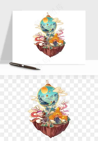 中秋月饼玉兔国潮插画png免抠