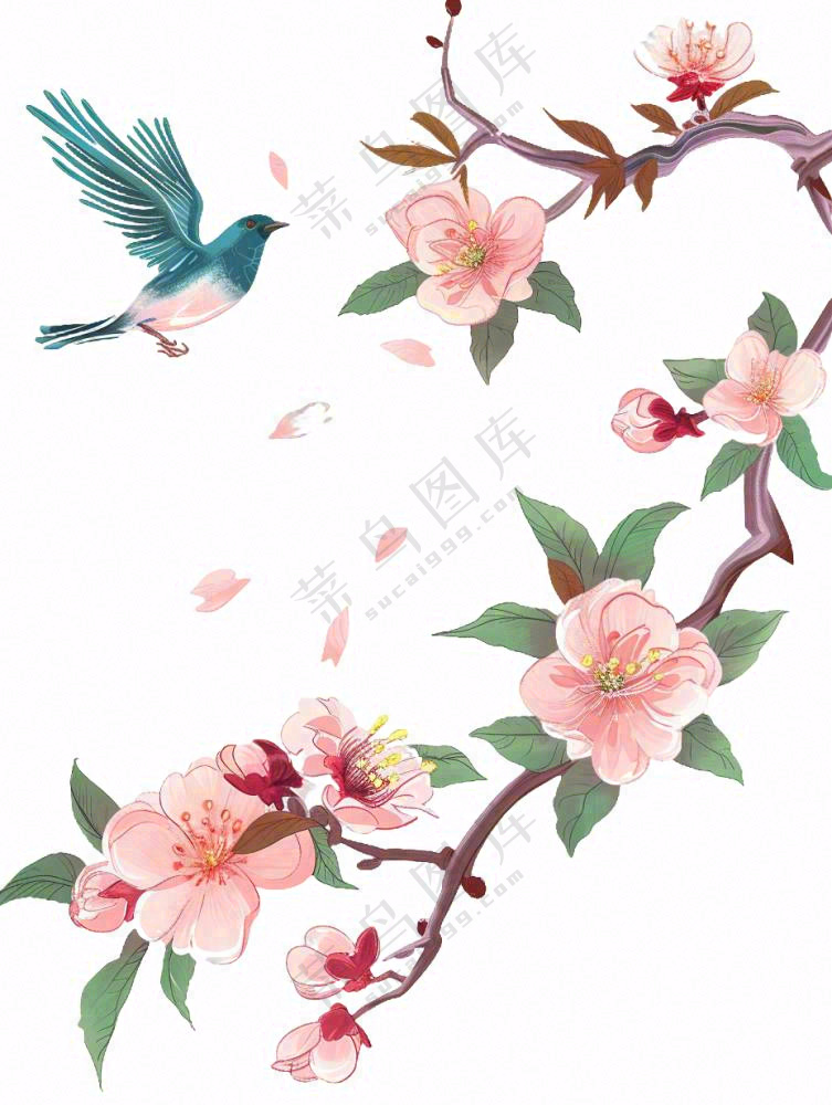 春天桃花树上小鸟喜鹊插画免抠
