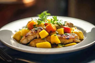 香煎鸡肉米饭香料美食摄影图