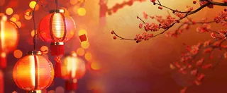 春节梅花红灯笼挂枝头红色喜庆小年除夕夜元宵节背景