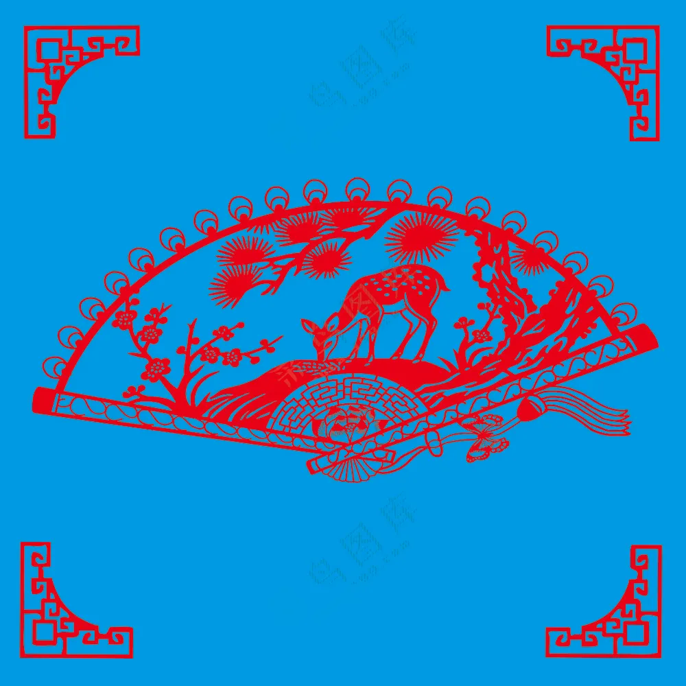 红色象形松鹿梅扇形剪纸