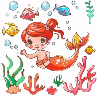 海洋美人鱼珊瑚鱼童话卡通插画免抠