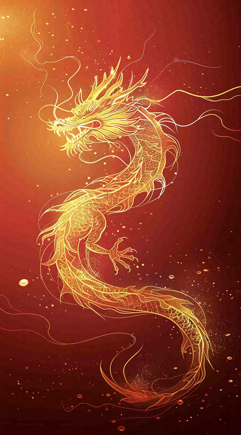 新年龙年金色龙纹红色背景小年除夕春节插画背景
