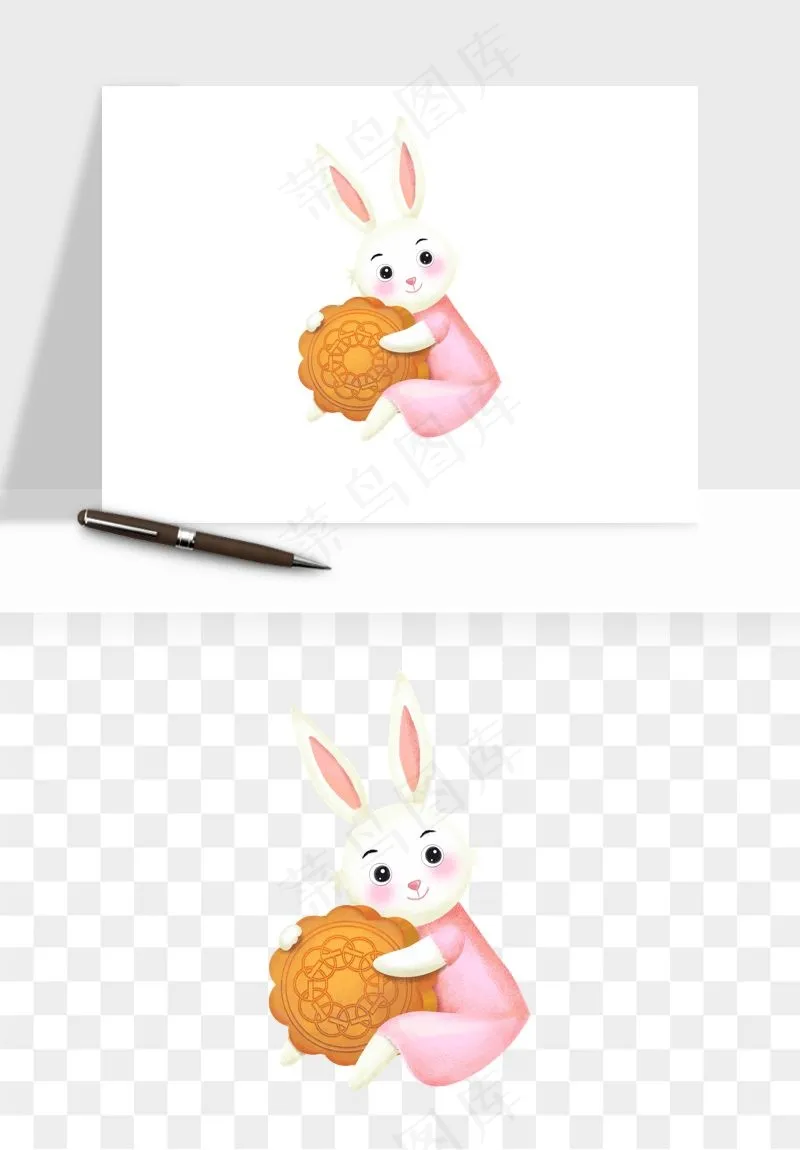 中秋月饼玉兔国潮插画png免抠