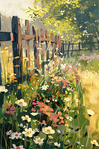 春天花圃后花园草丛小花惊蛰立夏油画插画背景