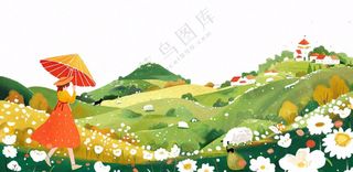 田园山川村庄绿色卡通插画免抠