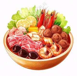 麻辣烫火锅海鲜肉类时蔬插画免抠