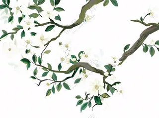 树上的白花春天植物绿叶插画免抠