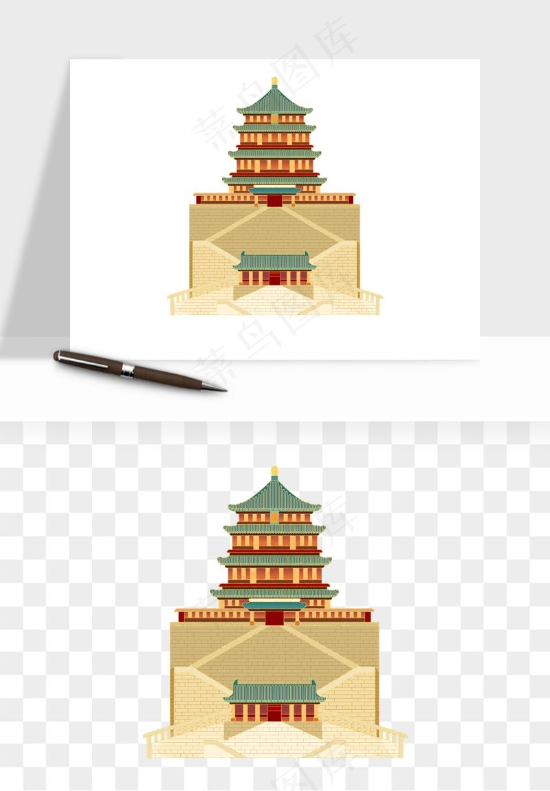 国潮风古建筑古楼古塔鼓楼psd,png免抠图