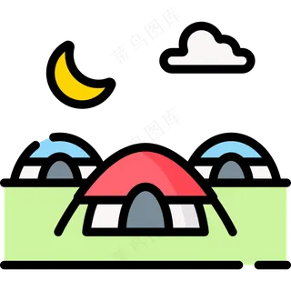  旅行露营 草地上扎帐篷 线性彩色图标