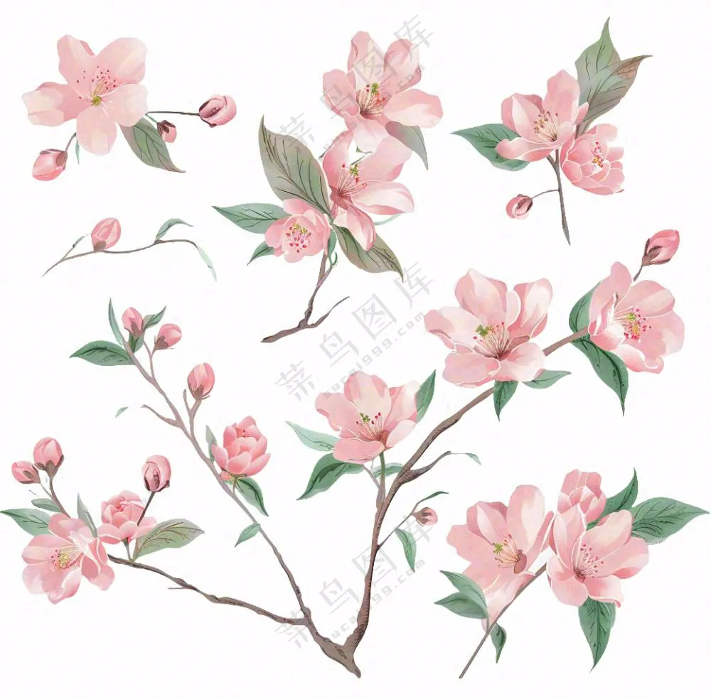 春天粉色花朵树枝插画免抠