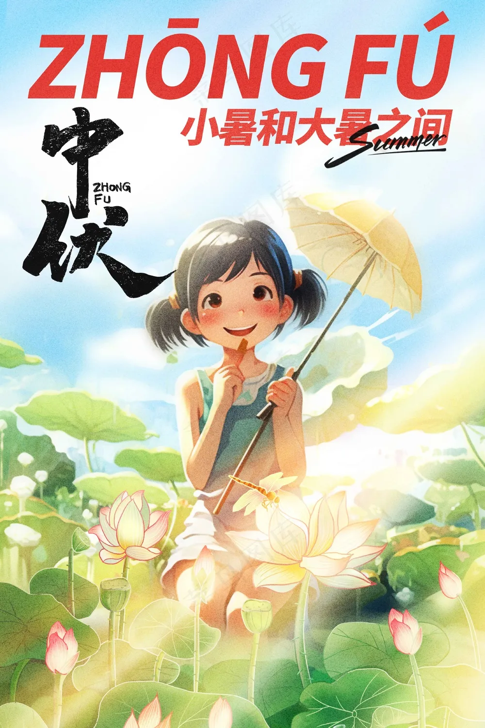 人物插画中伏节气海报