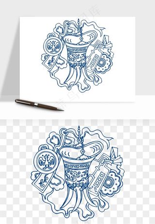 青花瓷花纹花卉图案png免抠