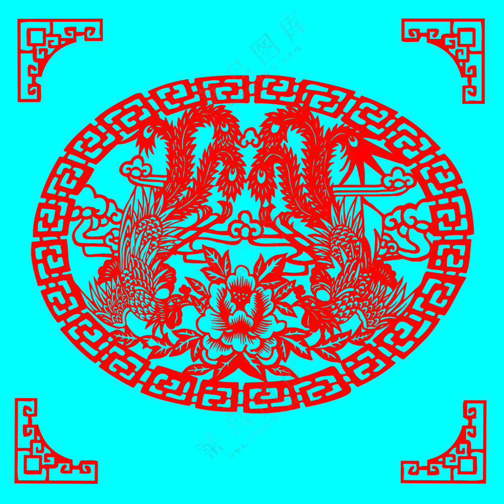 红色传统椭圆形凤穿牡丹剪纸