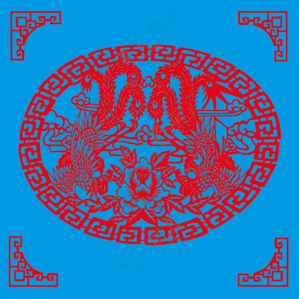 红色传统椭圆形凤穿牡丹剪纸