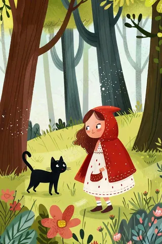 小红帽森林采蘑菇猫咪可爱童话儿童节卡通插画背景