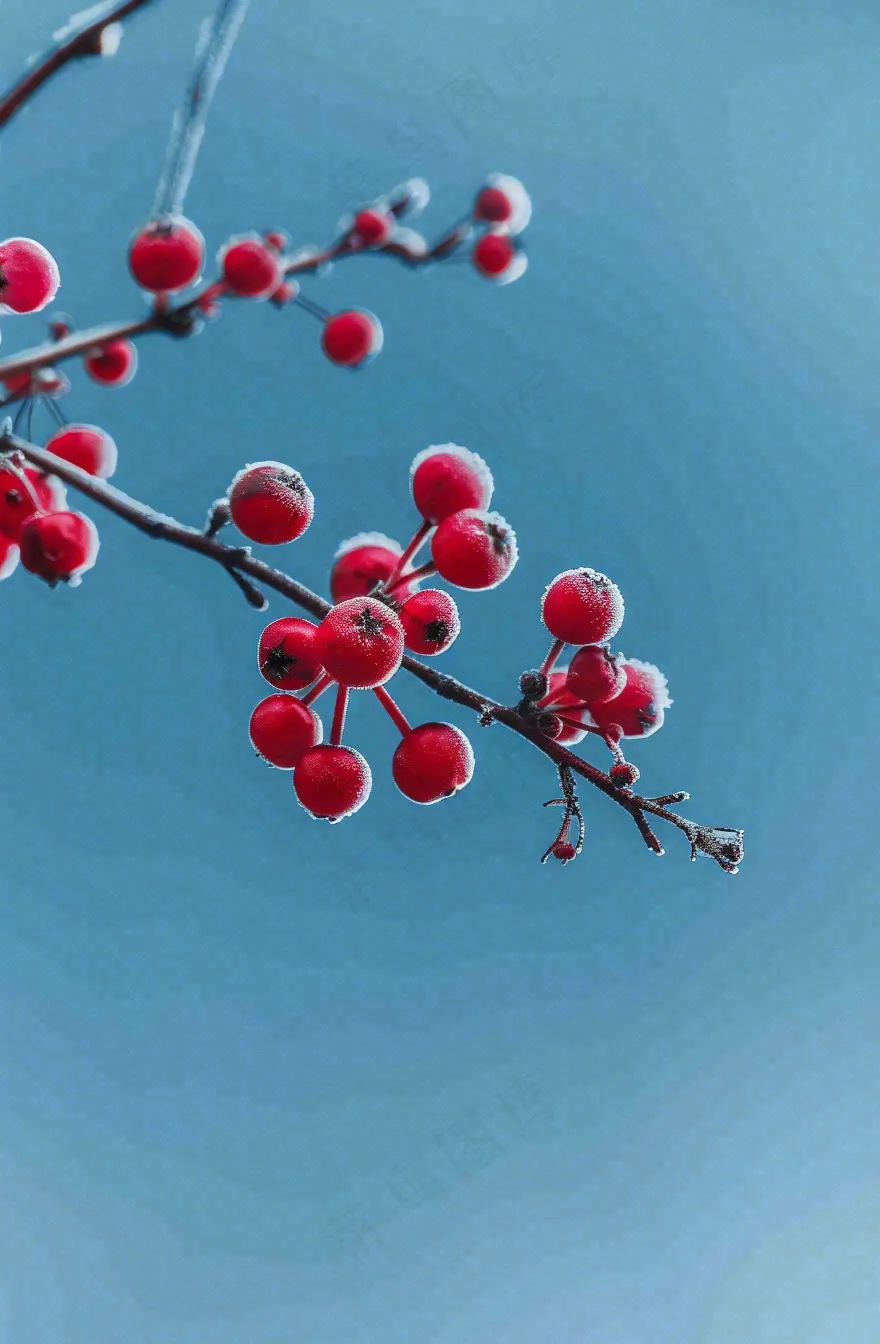 冬天白霜覆盖的红色覆盆子寒冷霜降摄影图