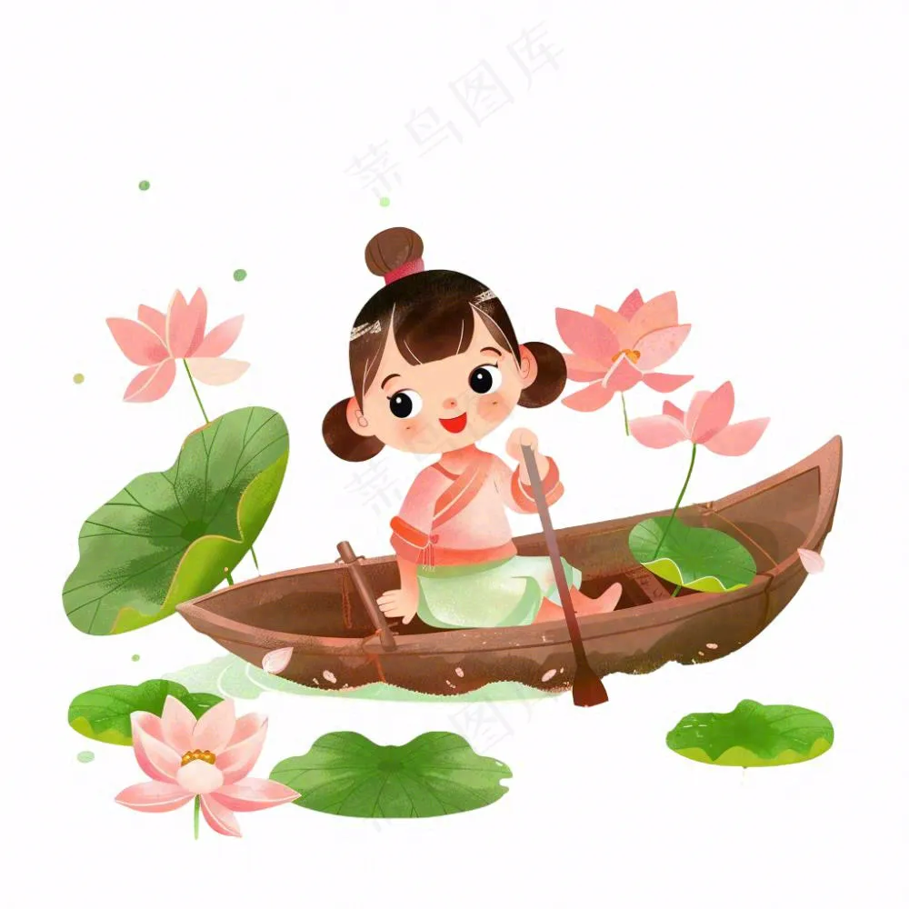 夏天池塘荷花荷叶划船的小女孩卡通插画免抠