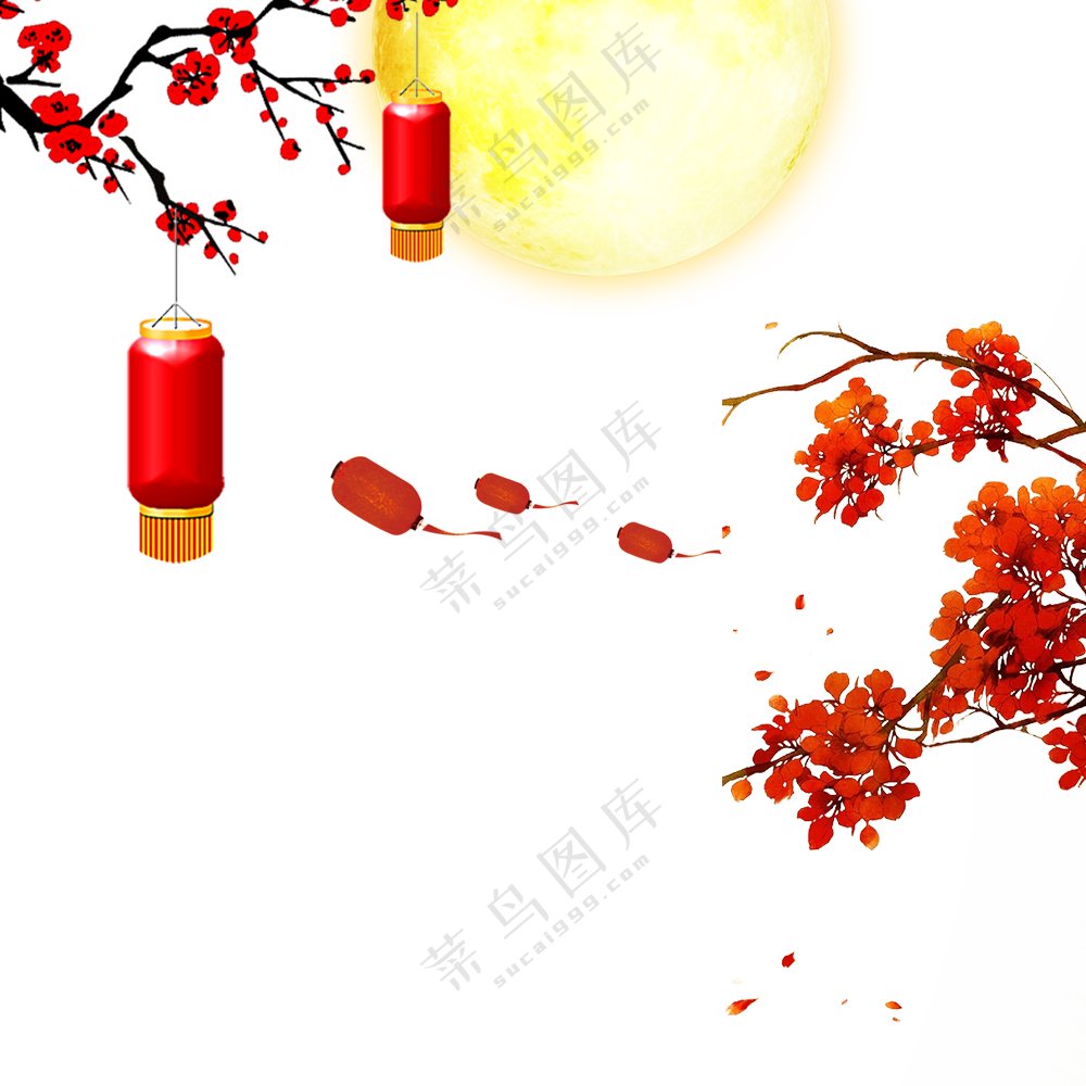 梅花圆月与红灯笼元素免抠图片素材