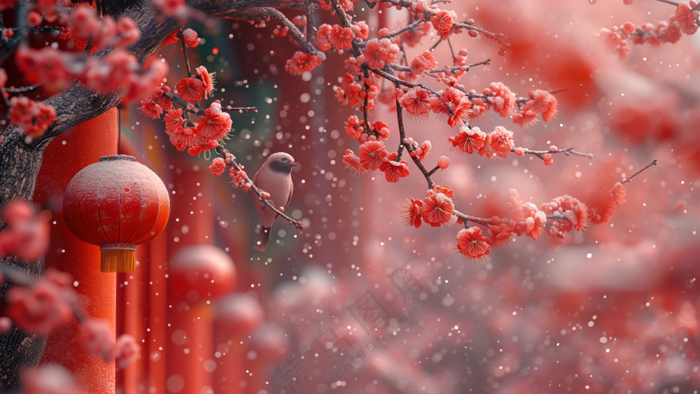 春节 雪花 新年 红色灯笼 鸟儿 喜庆