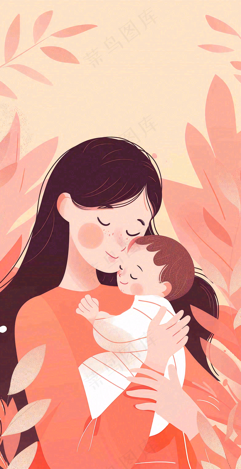 母亲节妈妈亲情抱着孩子鲜花光辉插画背景