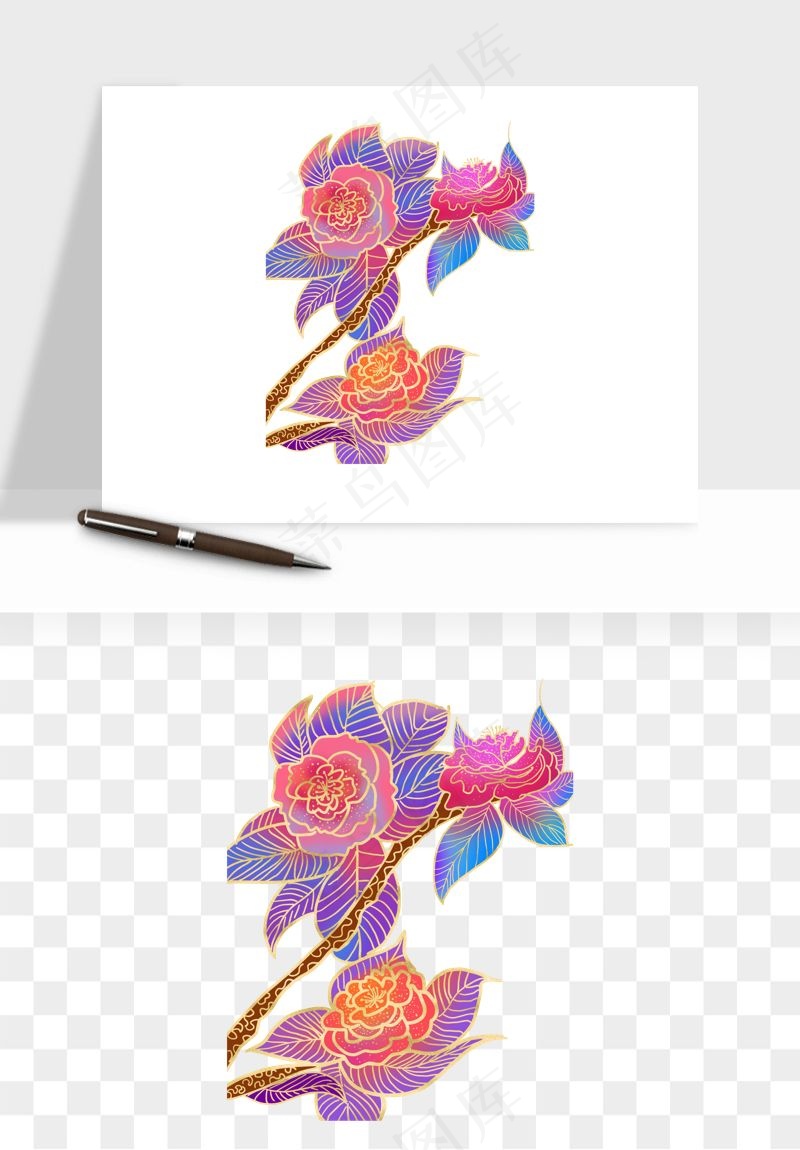 手绘国潮牡丹花花卉图案png免抠