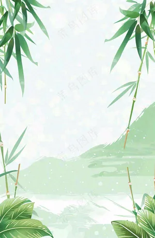 中国风插画山水竹叶青色插画清新淡雅端午节插画背景