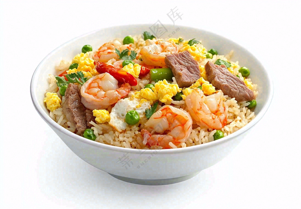 虾仁时蔬炒饭蘑菇美食摄影图