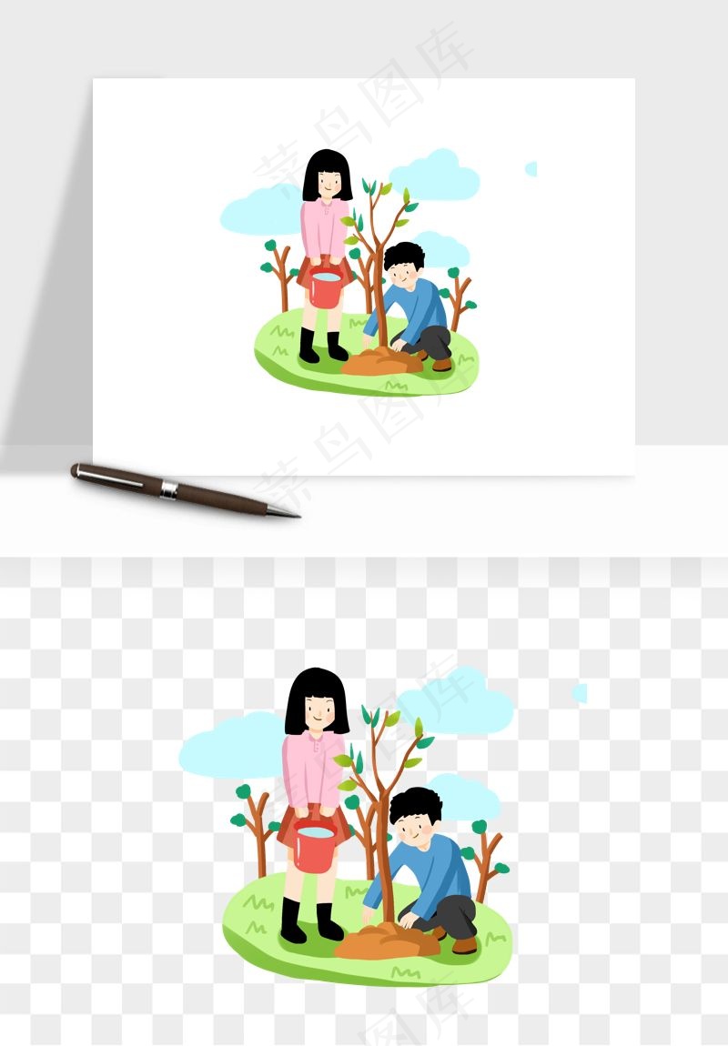 手绘植树节挖土人物png免抠