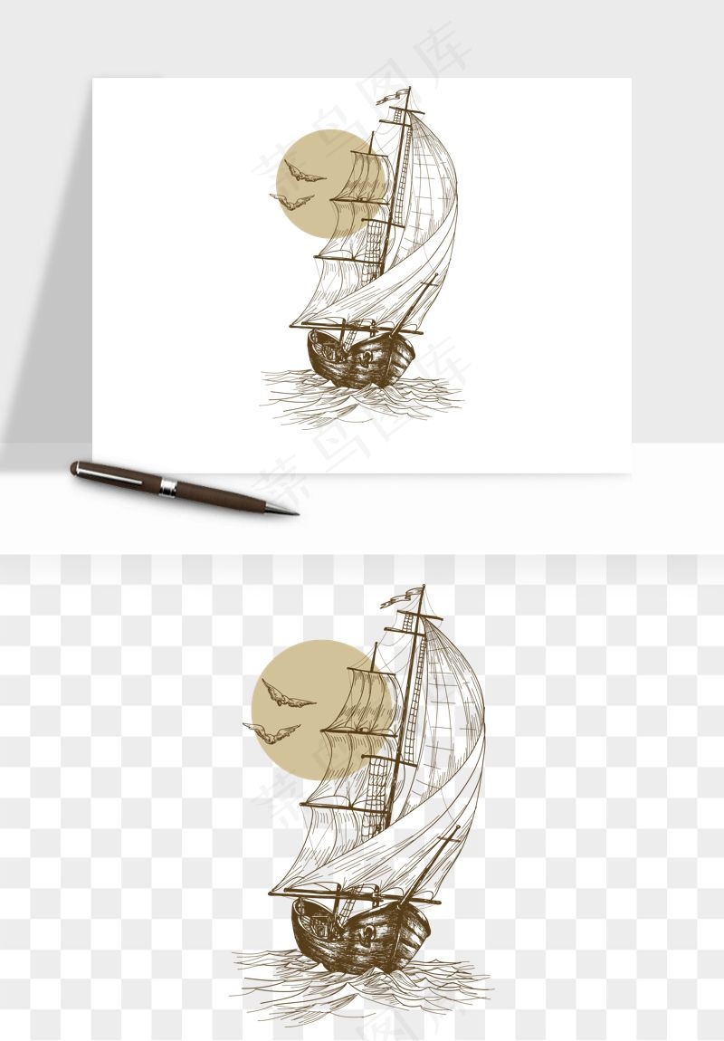 手绘航行帆船png免抠