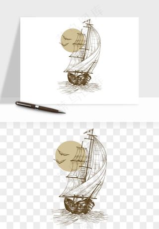 手绘航行帆船png免抠