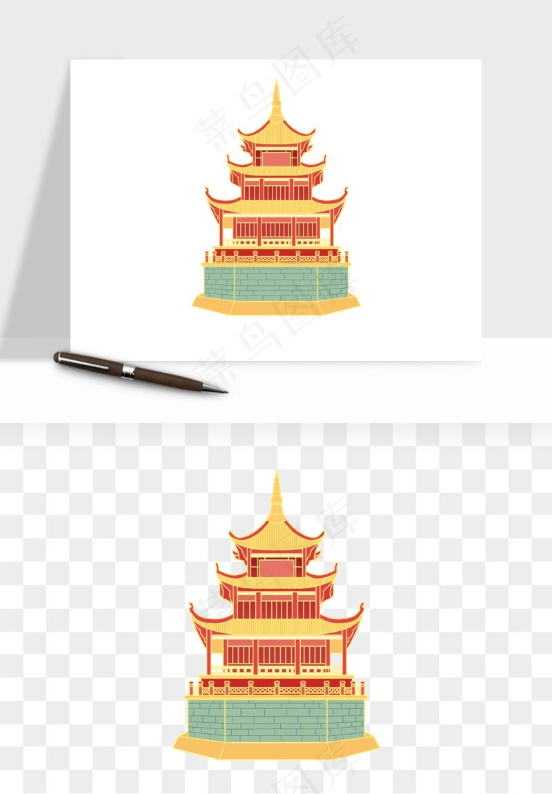 国潮风古建筑古楼古塔鼓楼psd,png免抠图