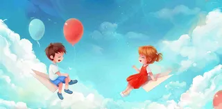 白云蓝天坐着纸飞机的儿童天空儿童节卡通插画背景