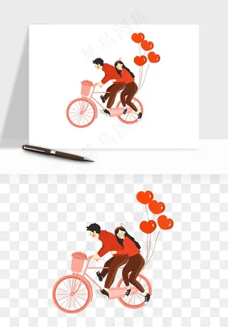 手绘自行车情侣人物png免抠