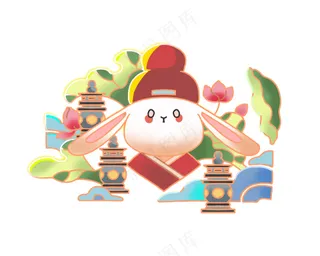 红色新国风杭州兔子元素插画
