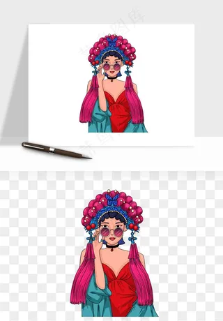 手绘国潮女性人物插画png免抠