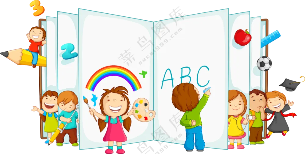 儿童人物与打开的书本创意免抠图片