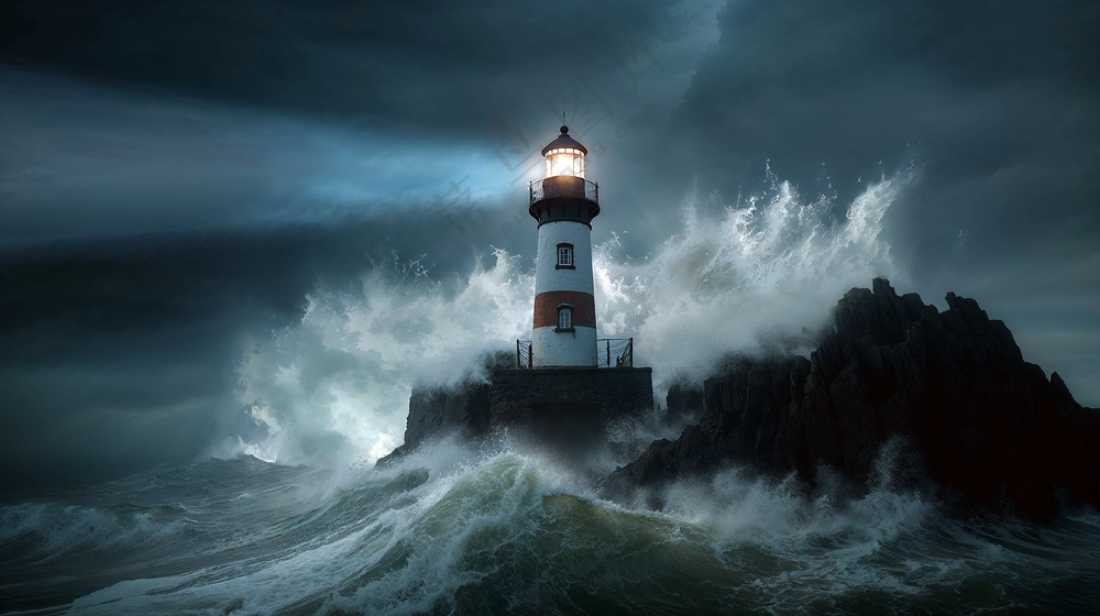 暗夜狂风暴雨中闪亮的灯塔