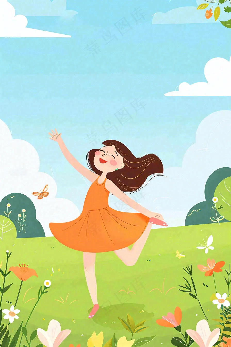 蓝天白云草坪翩翩起舞的小女孩儿童节卡通插画背景