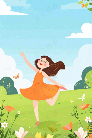 蓝天白云草坪翩翩起舞的小女孩儿童节卡通插画背景