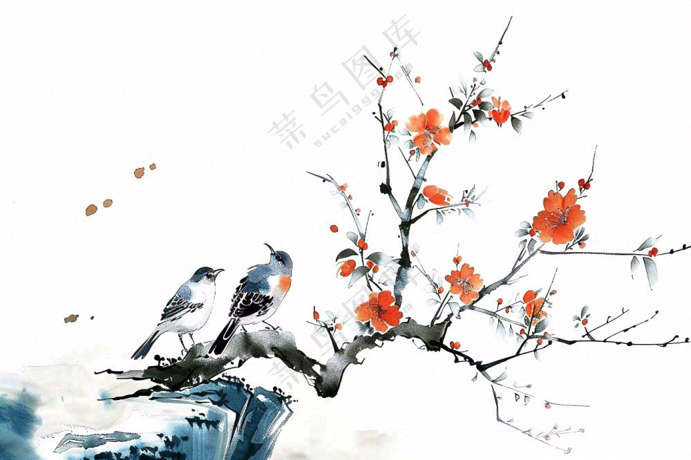 水墨画崖壁上的梅花小鸟古典风山水插画免抠